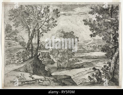 Landscape with a Family, 1643. Giovanni Francesco Grimaldi (Italian, 1606-1680). Etching Stock Photo