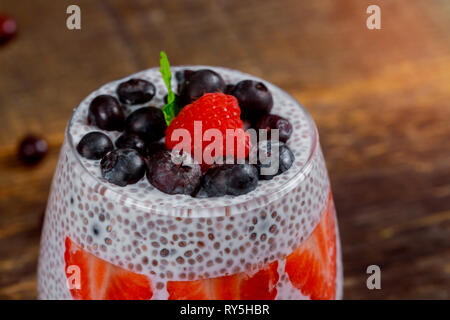 Strawberry with fresh berry fruits jam with chia seeds Stock Photo