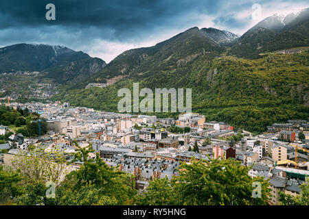 Andorra, Principality Of The Valleys Of Andorra. Top View Of Cityscape In Summer Season. City In Pyrenees Mountains Stock Photo