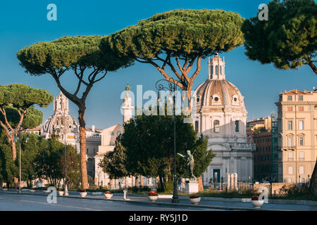 Rome, Italy. Via Dei Fori Imperiali Street In Sunny Summer Morning. View On Church Of Most Holy Name Of Mary At Trajan Forum Stock Photo