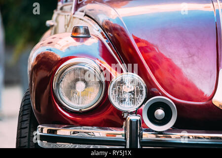 Close Up Headlight Of Old Retro Vintage Red Color Car Stock Photo