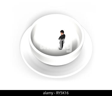 Businessman standing in empty soup bowl, isolated on white background. Stock Photo