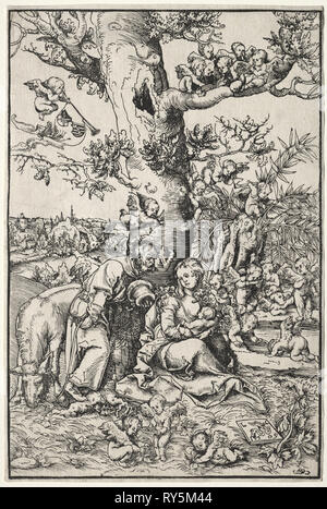 Rest on the Flight into Egypt, 1509. Lucas Cranach (German, 1472-1553). Woodcut Stock Photo