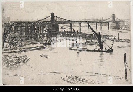 Old Hungerford Bridge, 1861. James McNeill Whistler (American, 1834-1903). Etching and drypoint; sheet: 24 x 18.1 cm (9 7/16 x 7 1/8 in.); platemark: 21.1 x 13.6 cm (8 5/16 x 5 3/8 in Stock Photo