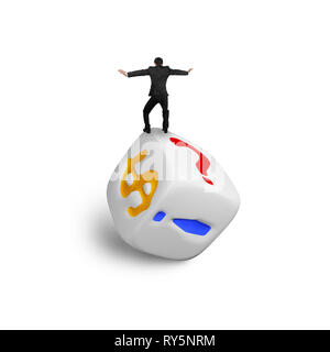 Businessman balancing on dice of dollar sign and punctuation points, isolated on white. Stock Photo