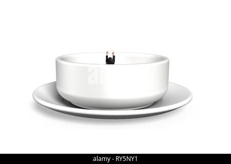 Man hanging on edge of empty soup bowl, isolated on white background Stock Photo