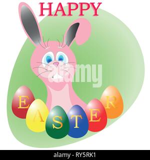 easter eggs and funny bunny with an inscription happy easter Stock Vector