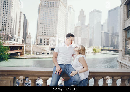 Loving couple walks in Chicago Stock Photo