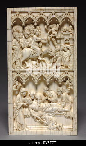 Diptych with Scenes from the Life of Christ (right wing: Entry into Jerusalem and Entombment), c. 1350-1375. Germany, Thuringia or Saxony, 14th century. Ivory; part 2: 20.7 x 11.2 cm (8 1/8 x 4 7/16 in Stock Photo