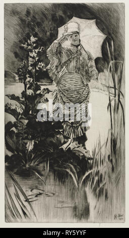Spring Morning, 1875. James Tissot (French, 1836-1902). Drypoint; sheet: 50.7 x 27.9 cm (19 15/16 x 11 in Stock Photo