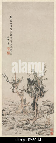 Old Trees by a Wintry Brook, 1551. Wen Zhengming (Chinese, 1470-1559). Hanging scroll, ink and light color on paper; image: 114.3 x 47 cm (45 x 18 1/2 in Stock Photo