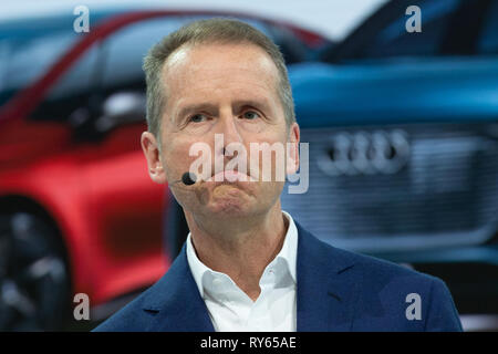 Wolfsburg, Germany. 12th Mar, 2019. Herbert Diess, Chairman of the Board of Management of Volkswagen AG, speaks at the Annual Press Conference of Volkswagen AG. Credit: Christophe Gateau/dpa/Alamy Live News Stock Photo
