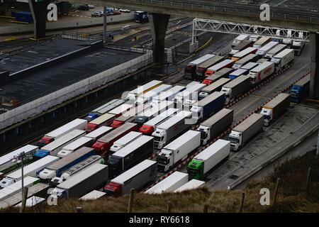 Dover, Kent, UK. 12th Mar, 2019. UK Weather: Build up of lorries, queues at Dover on the M20 motorway in the port due to weather conditions from storm Gareth cause delays. Credit: Paul Lawrenson 2019, Photo Credit: Paul Lawrenson/Alamy Live News Stock Photo