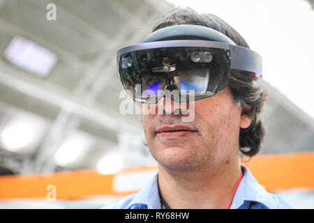 London, UK, 12th Mar 2019.  A KIT-AR repressentative demontrates KIT-AR's innovative augmented reality tech.  The Wearable Technology Show and Digital Health Technology Show at Business Design Centre, Islington, bring together companies and delegates from across the world to present and showcase innovations set to usher in a new age of technology. Credit: Imageplotter/Alamy Live News Stock Photo