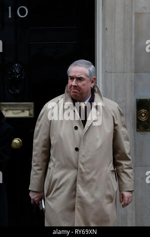 (190312) -- LONDON, March 12, 2019 (Xinhua) -- File photo taken on Feb. 12, 2019 shows British Attorney General Geoffrey Cox leaving 10 Downing Street after the cabinet meeting in London, Britain. British Attorney General Geoffrey Cox said on Tuesday that the newly secured legally binding changes to the Brexit deal will 'reduce the risk' of his country being indefinitely and involuntarily held in the Irish backstop. Cox also stressed that the legal risk remains unchanged that Britain would have no legal means of exiting without agreement of the European Union. His comments came one d Stock Photo