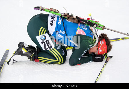 12 March 2019, Sweden, Östersund: Biathlon: World Championship, single 15 km, women. Laura Dahlmeier from Germany finishes. Photo: Sven Hoppe/dpa Stock Photo
