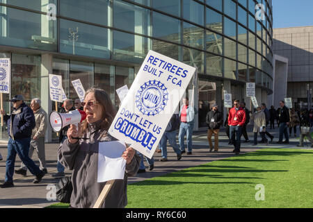 Detroit, Michigan USA - 12 March 2019 - Retired workers from FCA's Jeep plant in Toledo, Ohio rally outside the United Auto Workers' bargaining convention. They urged delegates not to forget retirees as they plan their agenda for this year's collective bargaining with the major auto companies. Credit: Jim West/Alamy Live News Stock Photo