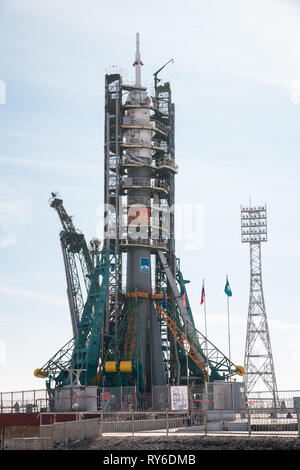 Baikonur, Kazakhstan. 12th Mar, 2019. The Russian Soyuz MS-12 rocket is raised into a vertical position on the launch pad at the Baikonur Cosmodrome March 12, 2019 in Baikonur, Kazakhstan. The Expedition 59 crew: Nick Hague and Christina Koch of NASA and Alexey Ovchinin of Roscosmos will launch March 14th for a six-and-a-half month mission on the International Space Station. Credit: Planetpix/Alamy Live News Stock Photo