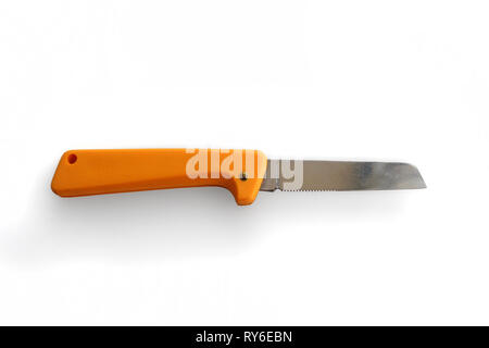 Plastic handle pocket knife  isolated on white background, close-up Stock Photo
