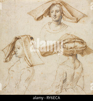 Three Studies of a Woman Wearing an Elaborate Headdress, c. 1500. Anonymous, retouched by Peter Paul Rubens (Flemish, 1577-1640). Pen and brown ink (Anonymous, Netherlandish, 16th century);  pen and brown ink and brush and brown wash, heightened with lead white (partially oxidized) (Rubens); sheet: 12.9 x 12.8 cm (5 1/16 x 5 1/16 in Stock Photo