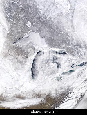 Satellite image of the arctic blast on January 27, 2019. Moderate Resolution Imaging Spectroradiometer (MODIS), Terra satellite, NASA Stock Photo