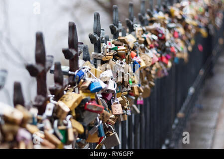 Prague, Czech Republic locks on the railing of the bridge, a beautiful view. Stock Photo