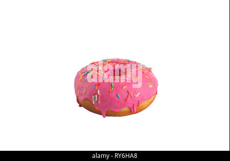 Appetizing donut in a pink glaze with multi-colored sprinkle on a white background. Isolated. Close-up. Stock Photo