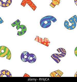 Bold numbers seamless pattern. Colorful decoration on white background. Hand drawn numbers vector illustration. Stock Vector