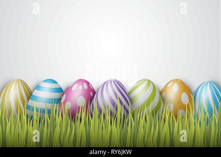 Easter background with painted 3d realistic eggs in green glass. Vector illustration. Stock Vector