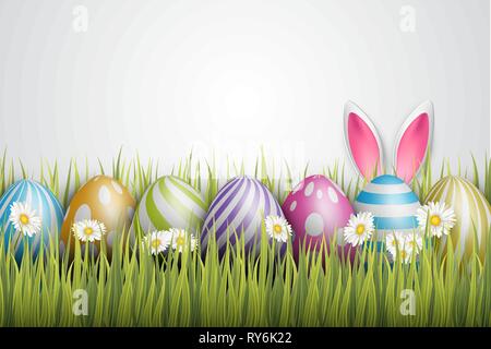 Easter background with painted 3d realistic eggs and bunny ears in green glass and flowers. Vector illustration. Stock Vector