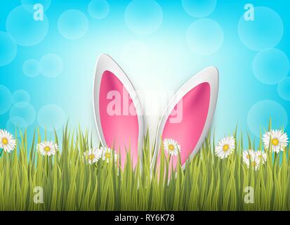 Easter background with 3d realistic bunny ears in green glass and flowers on blue backdrop. Vector illustration. Stock Vector
