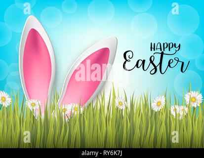 Happy Easter background with 3d realistic bunny ears in green glass and flowers on blue backdrop. Vector illustration. Stock Vector