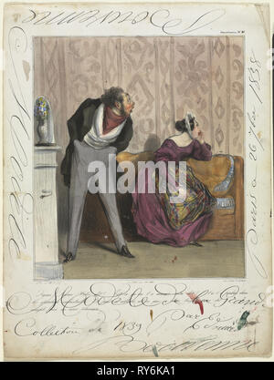 Plate 36 from 'Caricaturana' (Les Robert Macaire). Published in le Charivari, March 19, 1837: Caricaturana (plate 36): From What! From What! Your Dowry?..., 1837. Honoré Daumier (French, 1808-1879), published in Charivari (issue of 19/3/1837), Edouard Bouvenne (French). Lithograph hand-colored with watercolor; sheet: 35.8 x 27.1 cm (14 1/8 x 10 11/16 in.); image: 24.7 x 21.4 cm (9 3/4 x 8 7/16 in Stock Photo