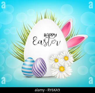 Happy Easter greeting card with realistic 3d aggs, flowers, grass, and bunny ears on blue background. Vector illustration. Stock Vector