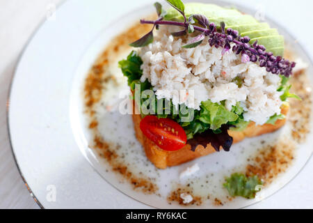 High angle view of open faced sandwich served in plate Stock Photo