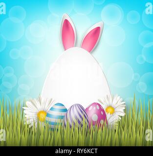Easter greeting card with realistic 3d aggs, flowers, grass, and bunny ears on blue background. Vector illustration. Stock Vector