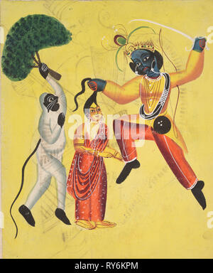 Rama and Hanuman, Holding an Uprooted Tree, Rescues Sita , 1800s. India, Calcutta, Kalighat painting, 19th century. Black ink and color paint on paper; secondary support: 48.6 x 29.8 cm (19 1/8 x 11 3/4 in.); painting only: 35 x 25.9 cm (13 3/4 x 10 3/16 in Stock Photo