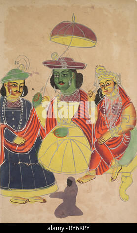 Rama and Sita Enthroned with Lakshmana and Hanuman Attending, 1800s. India, Calcutta, Kalighat painting, 19th century. Black ink, watercolor with graphite underdrawing Stock Photo