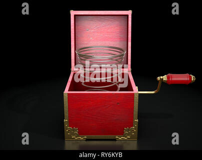 An antique open jack-in-the-box mad of red wood and gold trimmings with an unattached spring  - 3D render Stock Photo