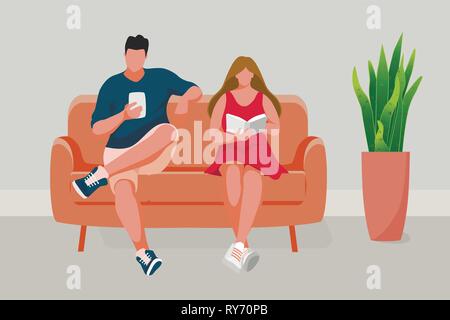 Man and Girl sitting on the sofa. Young girl reading book. Man using mobile phone. Vector illustration Stock Vector