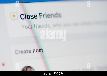 New york, USA - march 11, 2019: Close friends list in facebook social network on smartphone screen Stock Photo
