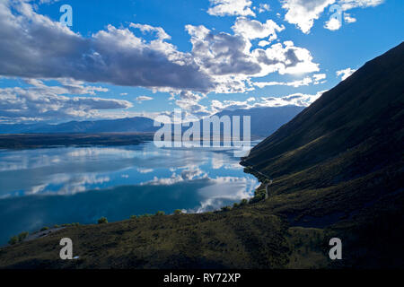 Lake Ohau and Ben Ohau, Mackenzie Country, South Island, New Zealand - aerial Stock Photo