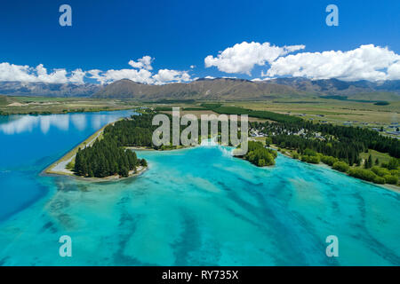 Lake Ruataniwha, Mackenzie Country, South Island, New Zealand - aerial Stock Photo