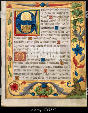 Leaf from a Psalter and Prayerbook: Initial E with Ornamental Border Containing a Seated Satyr and a Bird Eating Grapes (recto) and Ornamental Border with Flowers and Squirrel (verso) (2 of 3 Excised Leaves), c. 1524. North Germany, Hildesheim (?), 16th century. Ink, tempera and liquid gold on vellum; each leaf: 16.6 x 13.5 cm (6 9/16 x 5 5/16 in Stock Photo
