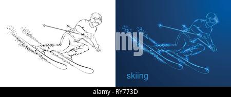 Linear silhouette of the drawing the athlete on skis. Art of the line. Line drawing of a happy man jumping Stock Vector