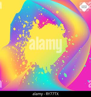 Neon fluid paint splatter artistic template design. Colorful ink explosion texture splash in yellow pink background vector. Trendy creative abstract i Stock Vector
