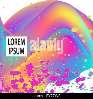 Neon fluid paint splatter artistic template design. Colorful yellow pink ink explosion texture splash in white background vector. Trendy creative abst Stock Vector