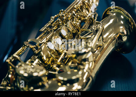 Close-up of saxophone in studio Stock Photo