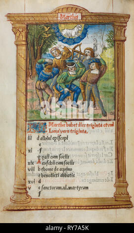 Printed Book of Hours (Use of Rome): fol. 4v, March calendar illustration, 1510. Guillaume Le Rouge (French, Paris, active 1493-1517). 112 Printed folios on parchment, bound Stock Photo