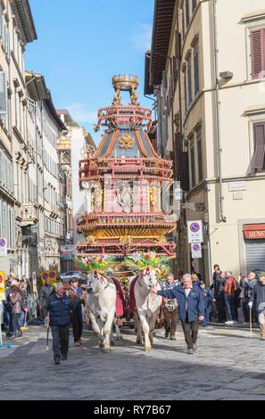 Decorated ox cart at the Cart festival at Easter, Scoppio del Carro or Explosion of the Cart festival, Florence, Tuscany, Italy